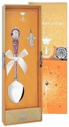 1028НБ00807 Серебряный крестильный набор с ложкой «Казанская Божья Матерь» с красной эмалью