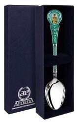 813ЛЖ00008 Серебряная чайная ложка «Матрона» с зеленой эмалью