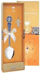 1027НБ00807 Серебряный крестильный набор с ложкой «Ангел Хранитель» с синей эмалью