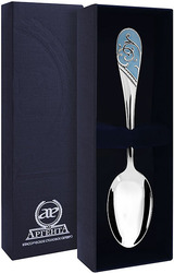 736ЛЖ03007 Серебряная чайная ложка «Кружевные узоры» с голубой эмалью