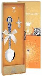 1028НБ00807 Серебряный крестильный набор с ложкой «Казанская Божья Матерь» с синей эмалью