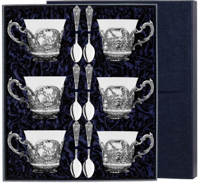 080НБ03806 Серебряный чайный набор «Королевская Охота» с чернением