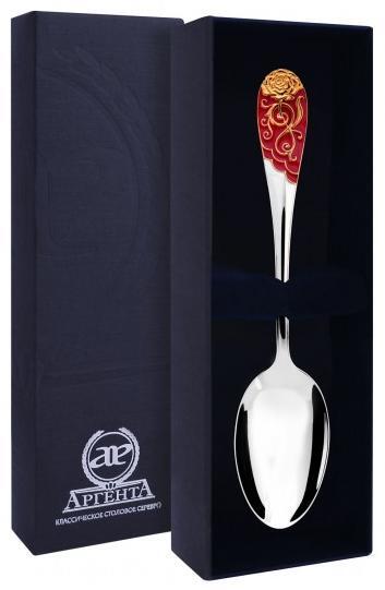 715ЛЖ03008 Серебряная чайная ложка «Роза» с золочением и бордовой эмалью